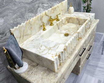 Calacatta Gold Marble Vanity Sink with Backsplash Fluted Natural Stone Basin