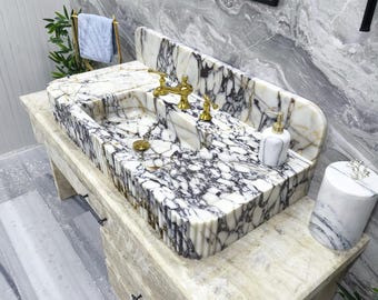 Calacatta Viola Marble Sink with Backsplash Handmade Stone Bathroom Vanity Sink