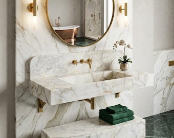 Calacatta Gold Marble Sink with Backsplash Handmade Luxury Vanity Basin