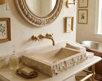 Rustic Travertine Vessel Sink Chiseled Natural Stone Bathroom Basin