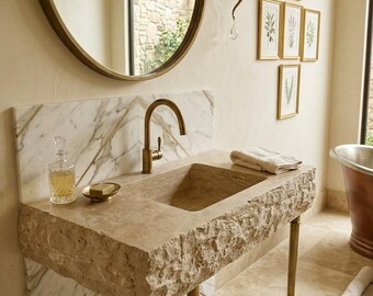 Rustic Travertine Marble Vessel Sink Chiseled Natural Stone Bathroom Basin