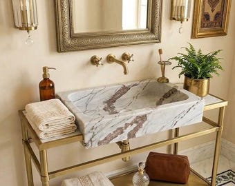 Gray Marble Vessel Sink Handcrafted Natural Stone Bathroom Basin