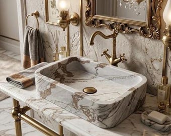 Gray Marble Rounded Corner Vessel Sink Handcrafted Natural Stone Bathroom Basin