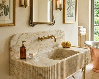 Calacatta Gold Marble Vanity Sink with Backsplash Fluted Natural Stone Basin