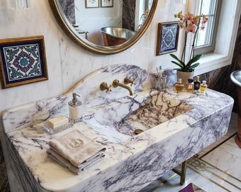 Lilac Marble Vanity Sink with Backsplash Handcrafted Natural Stone Basin