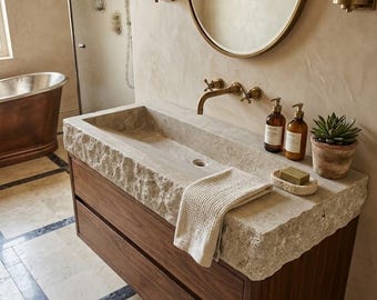 Travertine Marble Sink Handmade Stone Vessel Bathroom Vanity Sink