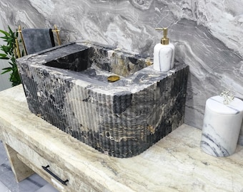 Fantastic Grey Marble Vessel Sink Fluted Natural Stone Bathroom Basin