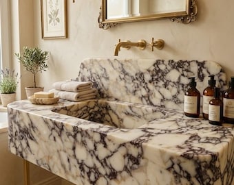 Calacatta Viola Marble Vanity Sink with Backsplash Modern Natural Stone Basin