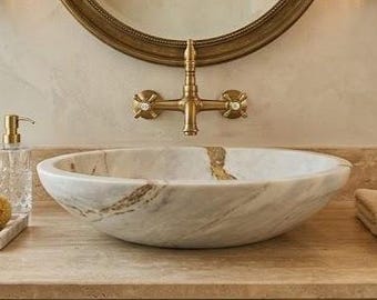 Gray Marble Oval Vessel Sink Handcrafted Natural Stone Bathroom Basin
