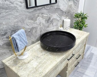 Nero Marquina Marble Vessel Sink Round Natural Stone Bathroom Basin
