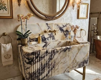 Calacatta Viola Marble Vanity Sink with Backsplash Fluted Natural Stone Basin