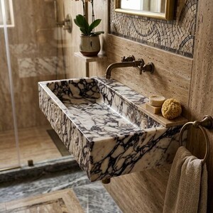 Calacatta Viola Marble Sink with Deep Basin and Natural Veining