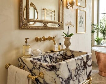 Calacatta Viola Marble Vessel Sink Handcrafted Natural Stone Bathroom Basin