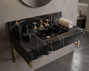 Nero Marquina Marble Sink with Backsplash Handmade Black Stone Vanity Basin