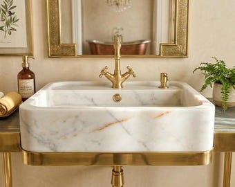 White Marble Vessel Sink with Faucet Hole Handcrafted Natural Stone Bathroom Basin
