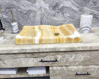 Yellow Onyx Marble Vessel Sink Natural Stone Bathroom Vanity Basin