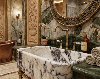 Calacatta Viola Marble Farmhouse Sink Handcrafted Natural Stone Kitchen Sink