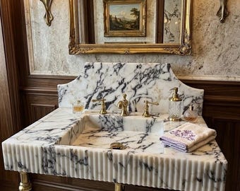 Calacatta Viola Marble Bathroom Sink with Backsplash Handmade Luxury Stone Vanity