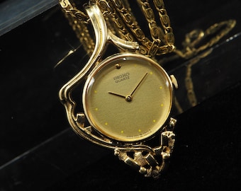US Duty Paid Vintage 1981 Near MINT Seiko 1400-1050 Gold Quartz Womens Pendant Watch JAPAN