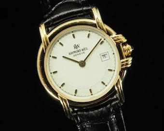 US Duty Paid Vintage Raymond Weil 9955 Gold White Dial Date Quartz 27mm Womens Watch JAPAN
