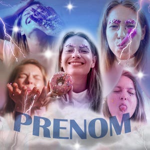 Peut inclure: Un collage de cinq portraits montrant une personne avec des paillettes roses sur les sourcils et le visage, tenant un donut glacé avec des vermicelles. L'image inclut un effet d'éclair bleu, des étoiles brillantes et le mot PRENOM en bleu.