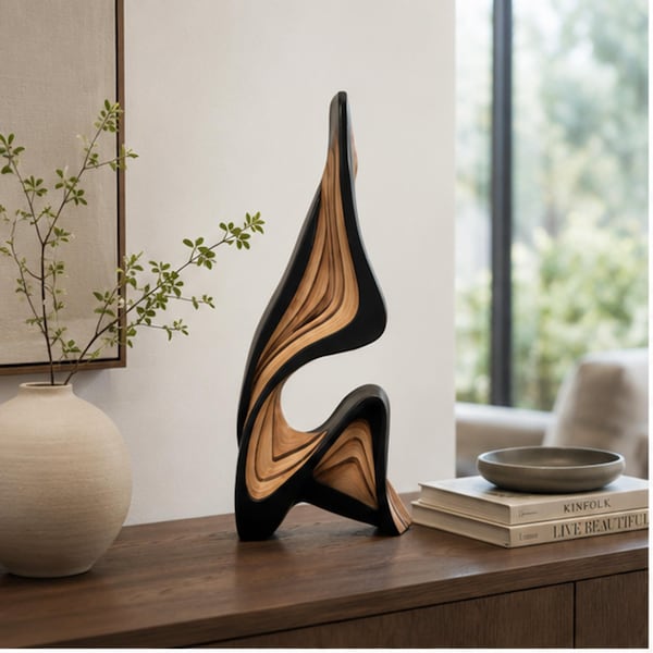 Abstract Wooden Sculpture, Modern Wave Statue, Minimalist Wood Carving, Desktop Decor, Shelf Centerpiece Gift
