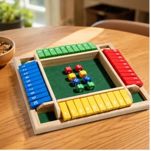 Pode incluir: Um jogo de tabuleiro de madeira com uma área central de feltro verde e seis dados coloridos. Os quatro lados da moldura contêm filas de dez peças de madeira articuladas em azul, verde, vermelho e amarelo, numeradas de um a dez em branco.