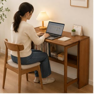 Peut inclure: Un bureau en bois avec un plateau rectangulaire et une étagère inférieure, accompagné d'une chaise en bois dotée d'une assise rembourrée de couleur claire. Le bureau porte un ordinateur portable, une lampe à abat-jour plissé et un calendrier.
