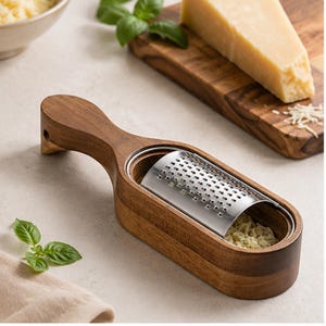 Pode incluir: Um ralador de queijo manual com cabo e base de madeira castanho-escura, apresentando uma superfície de ralar curva em aço inoxidável perfurado. O interior da base de madeira contém uma pequena quantidade de queijo ralado.