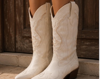 White Embroidered Cowboy Boots for Women, Western Knee High Boot, Country Concert, Festival, Bridal Boots