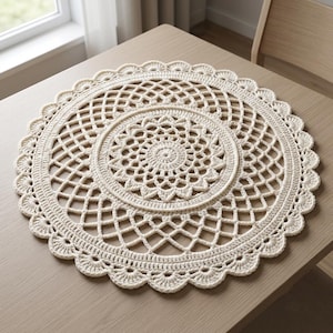 Pode incluir: Um centro de mesa redondo em crochê na cor branco off-white, apresentando um padrão floral central denso e complexo, rodeado por um design de treliça aberto. A peça circular é finalizada com uma borda festonada em forma de concha.