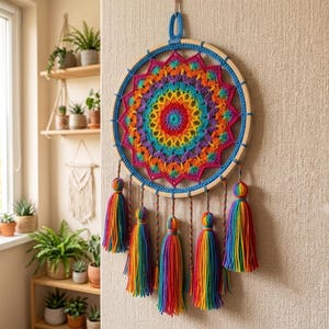 May include: A circular wall hanging featuring a vibrant, multi-coloured crochet mandala pattern in shades of red, orange, yellow, green, blue, and purple, mounted on a wooden hoop with five hanging rainbow-coloured yarn tassels attached to the base.