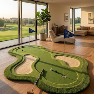 Peut inclure: Un tapis de putting d'intérieur avec du gazon artificiel vert, deux bunkers de sable, deux trous avec des mâts blancs et des drapeaux bleus, un putter en métal et deux balles de golf. Le tapis a une forme incurvée posée sur un sol en bois.