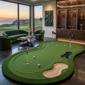 Puede incluir: Un putting green interior con tres hoyos marcados con banderas azules numeradas 3, 4 y 5. El green incluye un búnker de arena y un pequeño obstáculo de agua, con varias pelotas de golf blancas sobre la superficie de césped artificial.