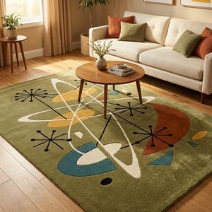 May include: A rectangular area rug featuring an olive green background with a mid-century inspired pattern of white orbital rings, yellow ovals, a teal crescent, a burnt orange semi-circle, and black starburst accents across the surface.