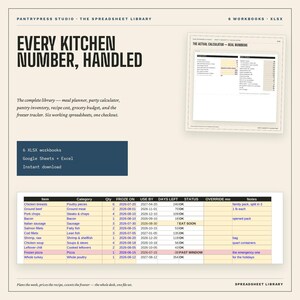 Lot de 6 feuilles de calcul pour la cuisine (Google Sheets et Excel) : planification des repas, inventaire du garde-manger et du congélateur, budget des courses pour les fêtes (téléchargement numérique).