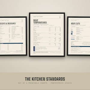 May include: A set of three framed wall art prints with a cream background and black text. The prints display kitchen reference guides titled Weights & Measures, Meat Temperatures, and Knife Cuts, featuring detailed charts and conversion tables.
