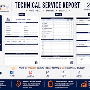 Op de afbeelding: Een driepaginasjabloon voor een technisch servicerapport met secties voor service-informatie, uitgevoerde activiteiten, vervangen onderdelen, apparatuurstatus en klantgoedkeuring. Het document bevat velden voor technicusgegevens, servicetype, bronoorzaakanalyse en handtekeningen, gepresenteerd in een professionele blauw-witte lay-out.