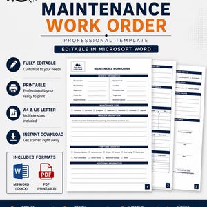 May include: A professional maintenance work order template document in Microsoft Word and PDF formats. The form includes sections for request information, maintenance type, problem description, symptoms observed, and additional information fields.