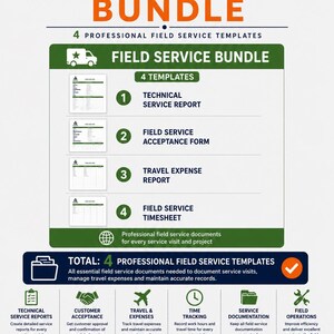 Fältservicepaket | 4 redigerbara Word- och PDF-mallar | Servicerapportformulär | Teknikerdokument | Ingenjörsmallar