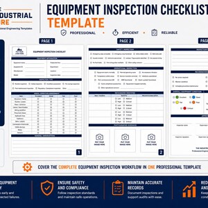 Könnte beinhalten: Eine dreiseitige Vorlage für eine Geräteinspektions-Checkliste mit Abschnitten für Geräteinformationen, Sicherheits- und Betriebsprüfungen, visuelle Zustandsbewertungen, Mängel, Fotodokumentation und Genehmigungsunterschriften in einem professionellen Layout.