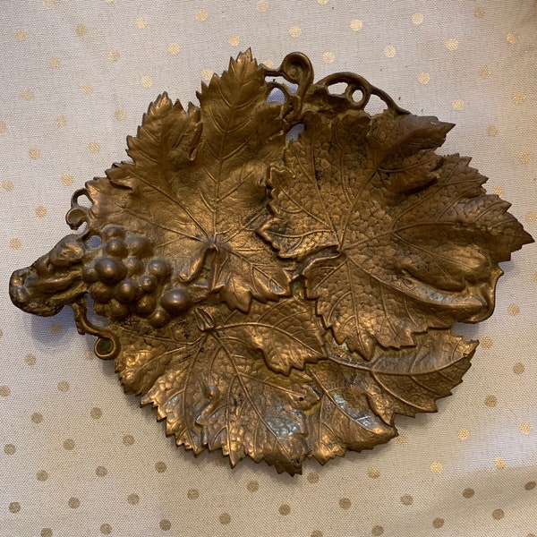 Antique Brassy Grape Leaves Tray / Holder