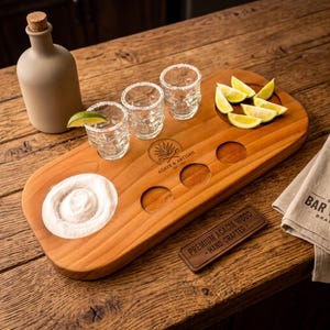 May include: A wooden serving board with three skull-shaped shot glasses, a salt rim, lime wedges, and a circular indentation for salt. The board features the text AGAVE & ARTISAN EST. 2023 and a separate plaque reading PREMIUM ACACIA WOOD - HAND-CRAFTED.