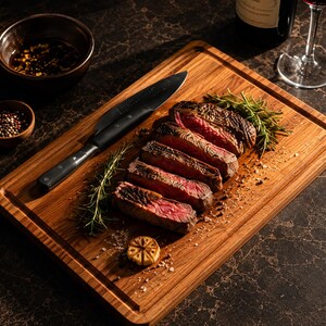 May include: A rectangular wooden chopping board holds several slices of medium-rare steak, a black chef's knife, sprigs of fresh green rosemary, a roasted garlic bulb, and coarse salt. The board features a grooved perimeter for juices.