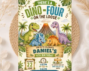Może przedstawiać: Zaproszenie urodzinowe z wulkanem i czterema dinozaurami oraz tekstem THERE'S A DINO-FOUR ON THE LOOSE, JOIN US TO CELEBRATE DANIEL'S 4TH BIRTHDAY, SATURDAY 22 JUNE, 2:00 PM TO 5:00 PM, 123 ADVENTURE WAY DINO VALLEY, CA 90210.