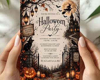 May include: A Halloween party invitation card featuring a haunted mansion, a witch on a broomstick, a black cat, pumpkins, and lanterns. The text reads: You're invited to a Halloween Party, Saturday, October 31st, 7:00 PM - 11:00 PM, 13 Creepy Hollow Lane, Ravenwood, CA 90210, RSVP to Sophie at 123-456-7890, Costumes, Candy & Spooky Fun Await! We can't wait to see you there!