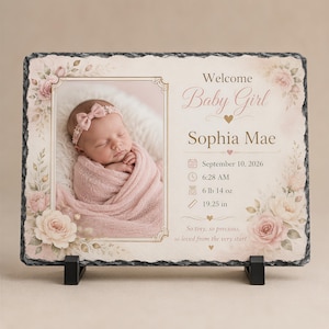 Personalized Baby Keepsake Photo, Soft Pink Floral Rainbow Slate - Natural, Rugged Edges, Birth Stats