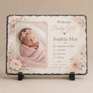 Personalized Baby Keepsake Photo, Soft Pink Floral Rainbow Slate - Natural, Rugged Edges, Birth Stats