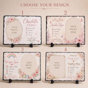 Personalized Baby Birth Stats Slate Plaque, Floral Rainbow Photo Keepsake
