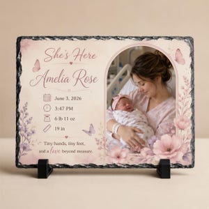 Personalized Baby, Soft Pink Newborn Keepsake Photo, Floral Rainbow Design, Rugged Edges | Natural Slate | Birth Stats